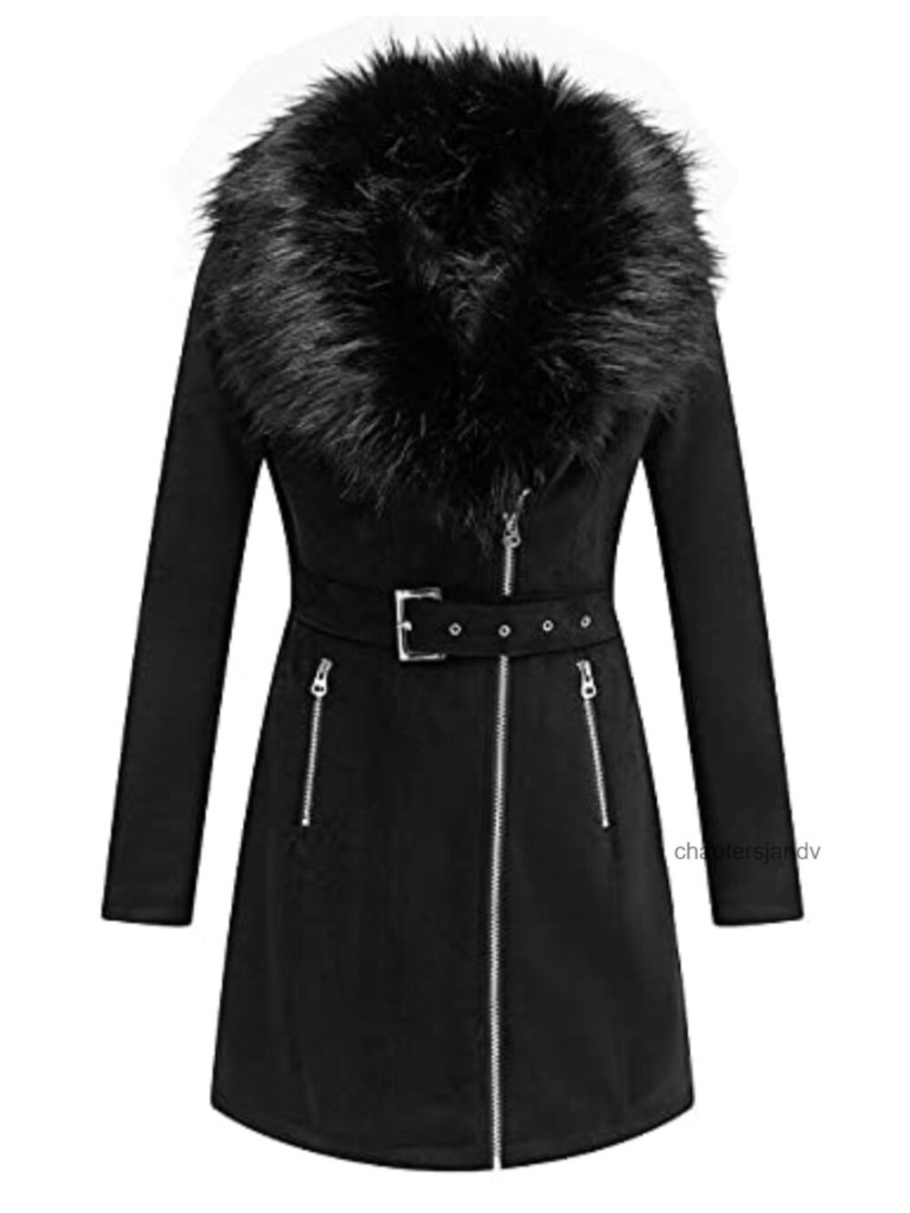 Faux Suede Fleece Lined Trench Coat Belted Faux Fur Collar